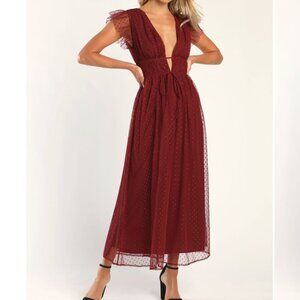 Lulu’s Burgundy Swiss-dot Ruffled Midi Dress, size XS